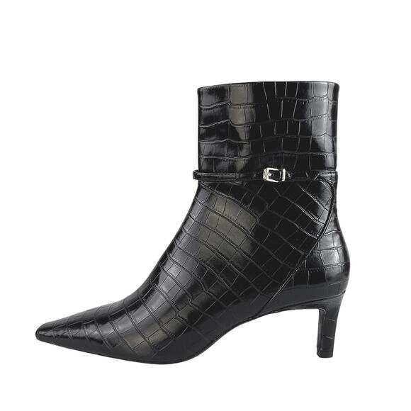 NEW Zara Black Croc Leather Buckle Pointed Toe Heeled Ankle Boots Size 41/US 10 - Picture 1 of 9